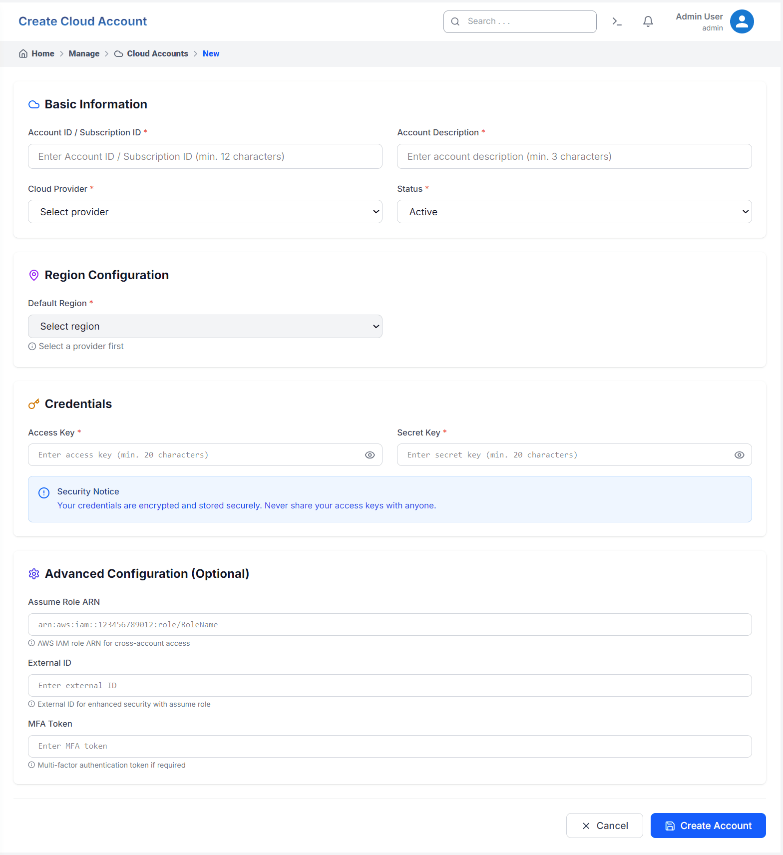 Create Cloud Account form in QuickInfra
