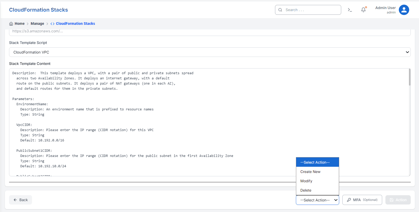 CloudFormation Stacks screen in QuickInfra showing template content and action dropdown