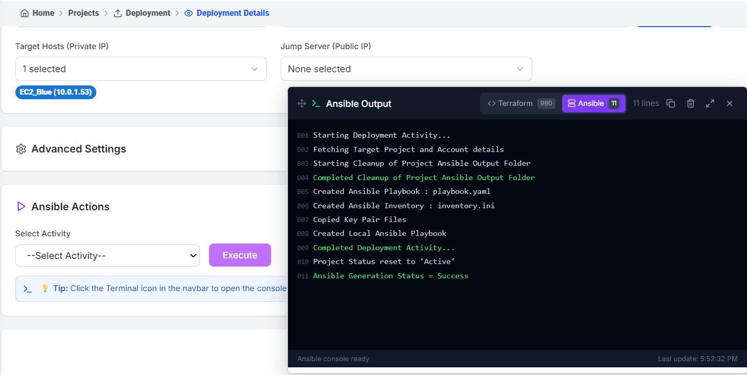 Deployment Project execution screen showing Ansible output with successful deployment