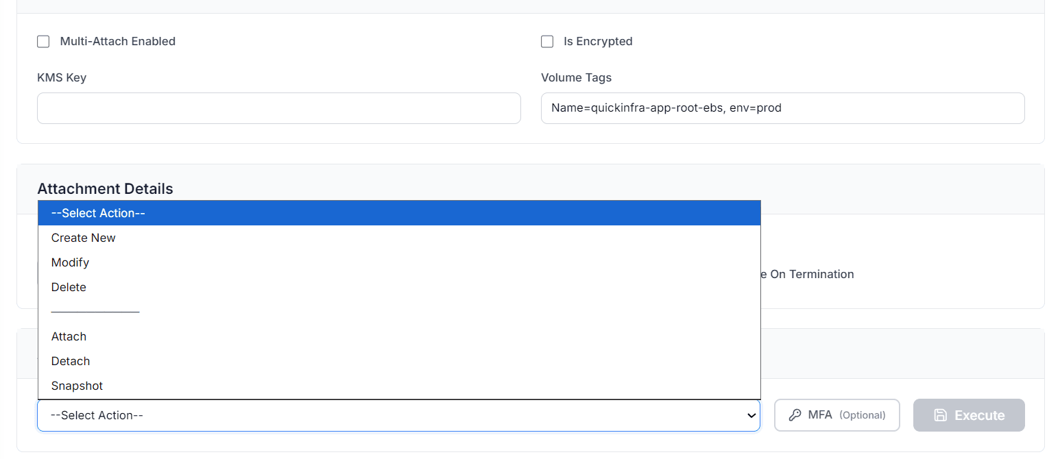 Disk Volumes action panel in QuickInfra showing available volume operations