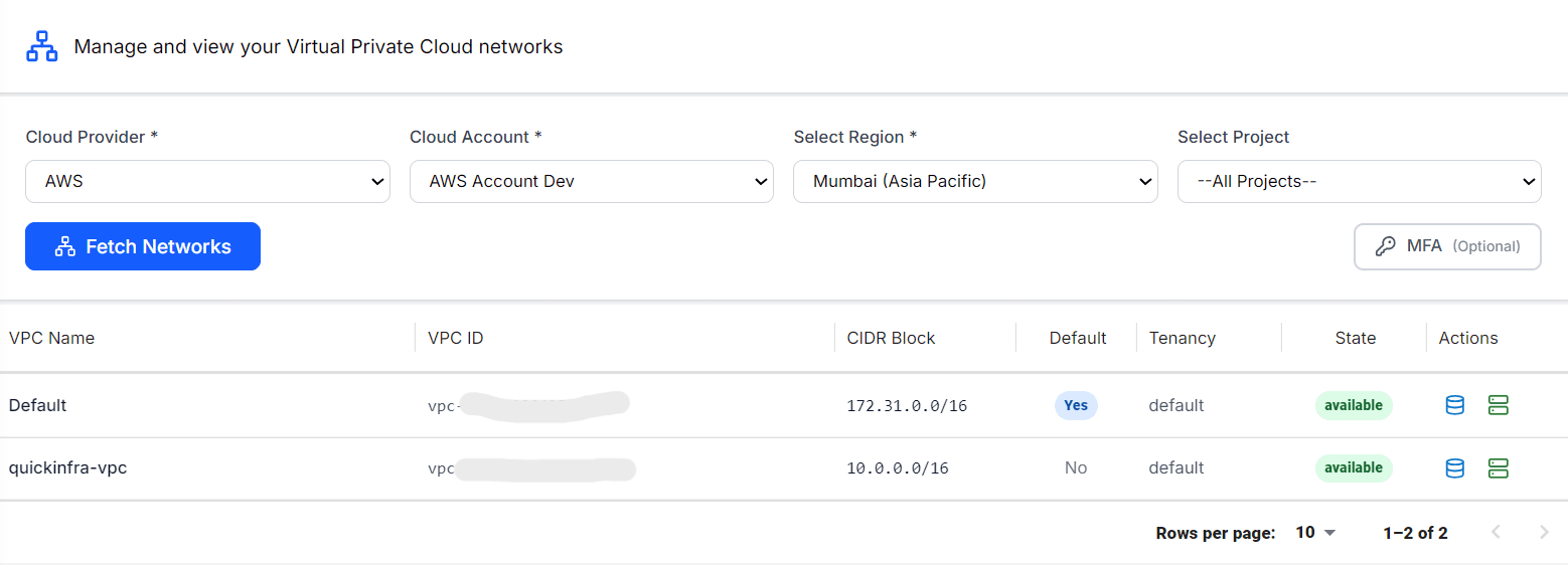 Networks list in QuickInfra showing VPCs with CIDR blocks and state