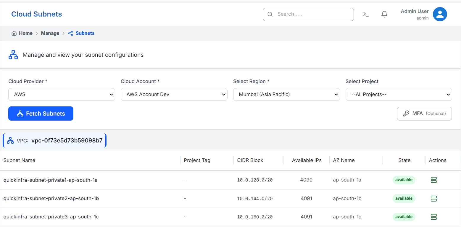 Cloud Subnets list in QuickInfra showing subnets grouped by VPC