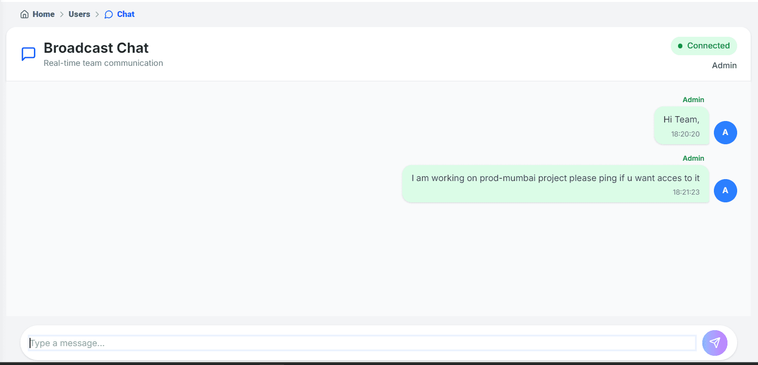 QuickInfra team broadcast chat showing real-time messages