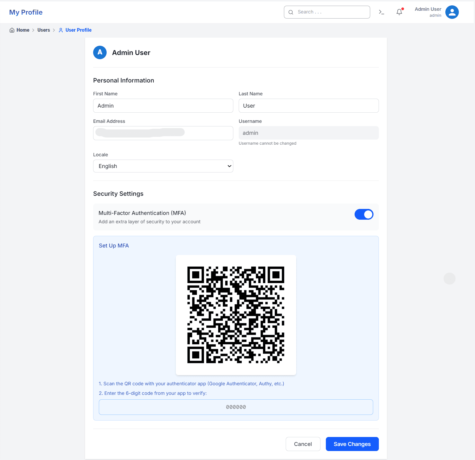 User Profile page in QuickInfra showing personal information and MFA setup