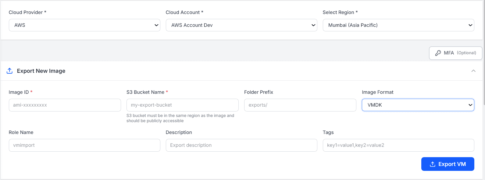 VM Export form in QuickInfra showing export configuration fields