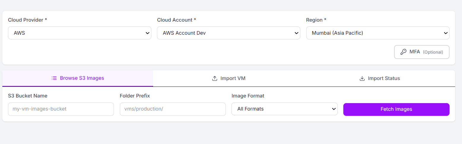 VM Import screen in QuickInfra showing S3 image browser