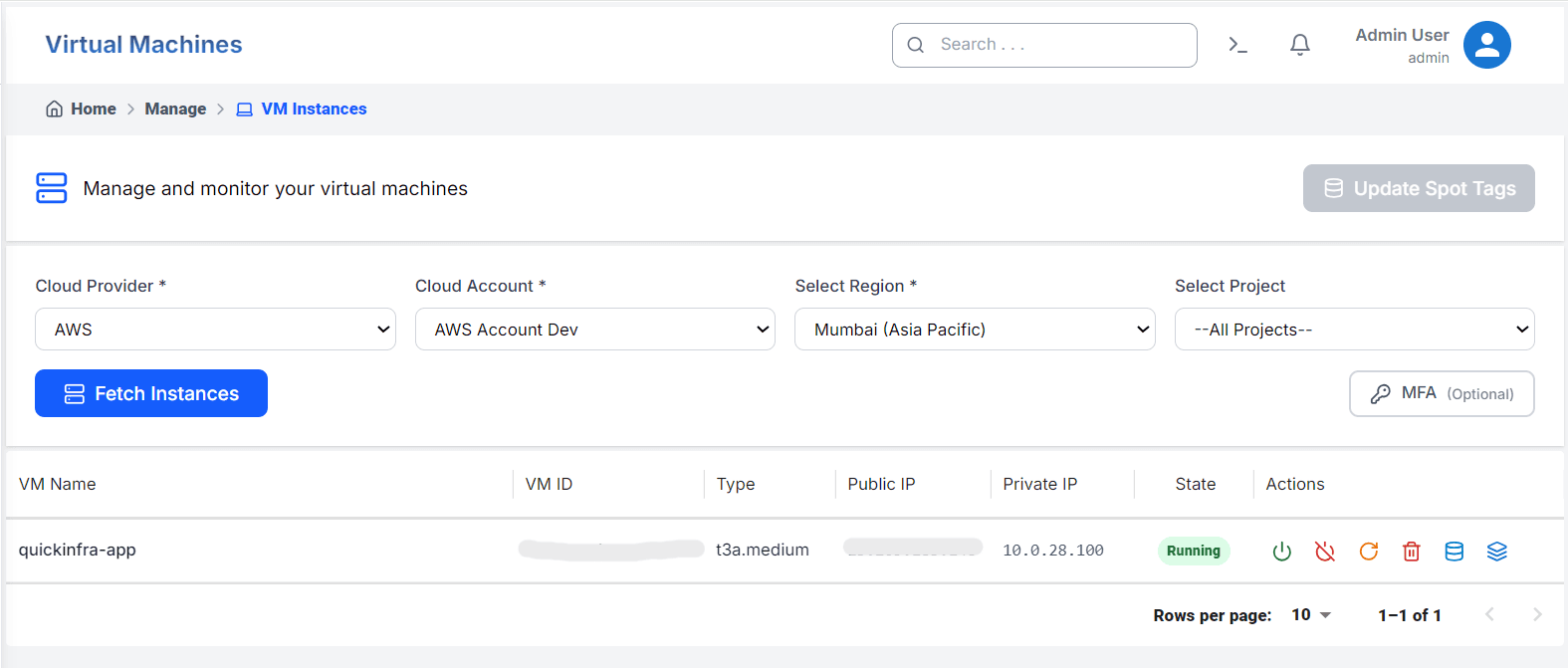 VM Instances list in QuickInfra showing running virtual machines