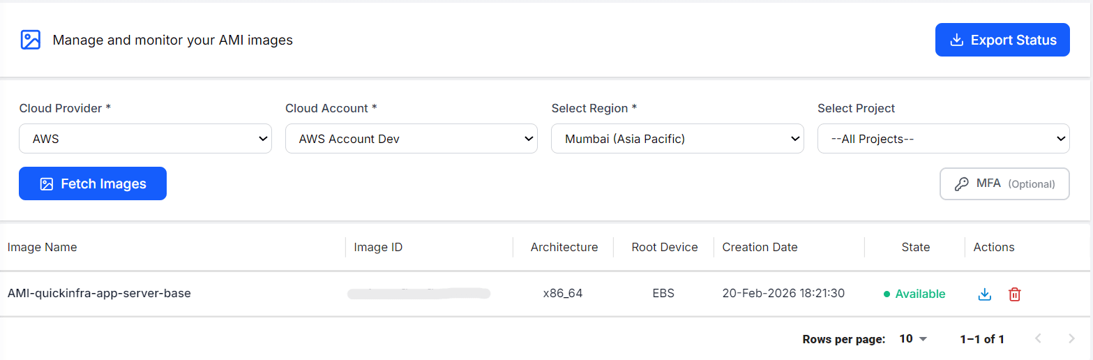 VM Images list in QuickInfra showing available AMIs